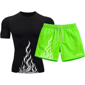 Kit Camiseta Térmica Manga Curta Uv E Bermuda Elastano Estampa Fire Ascension Rash Guard