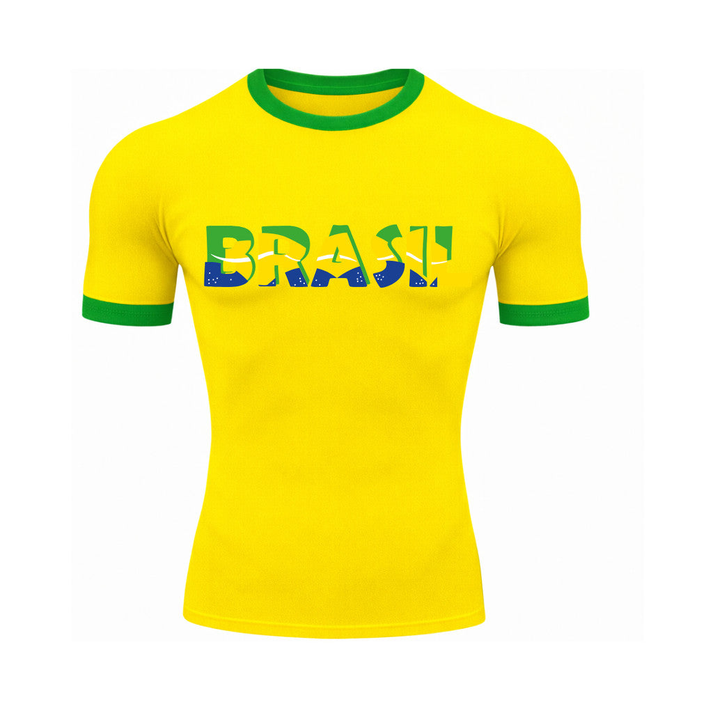 Camiseta Compressão Manga Curta Escrita Do Brasil Colorida Rash Guard