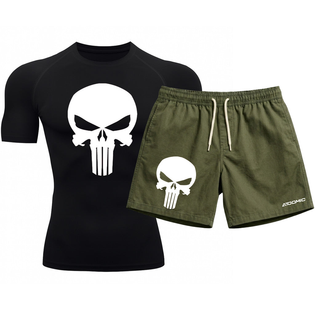 Kit Camiseta Térmica Manga Curta Uv E Bermuda Elastano Estampa Justiceiro Rash Guard