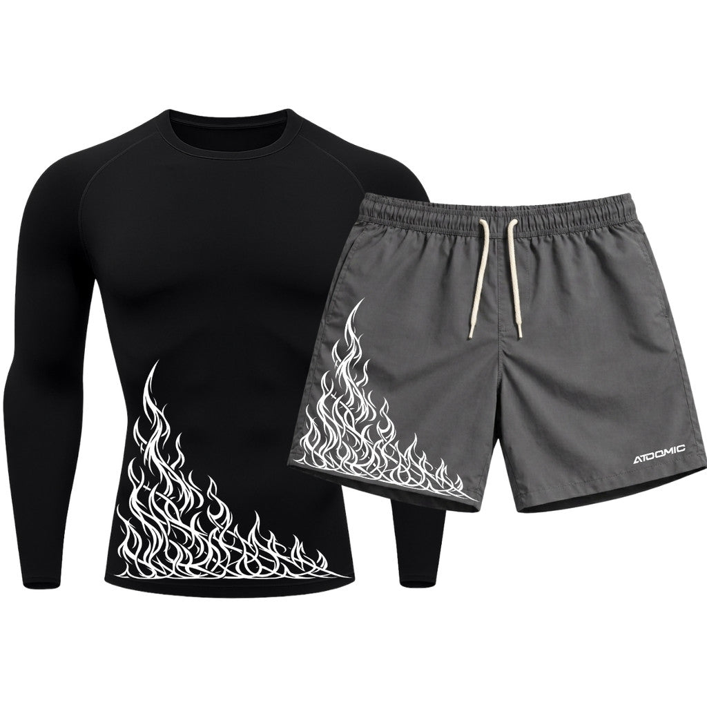 Kit Camiseta Térmica Manga Longa Uv E Bermuda Elastano Estampa Flame Velocity Rash Guard
