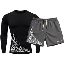 Kit Camiseta Térmica Manga Longa Uv E Bermuda Elastano Estampa Flame Velocity Rash Guard