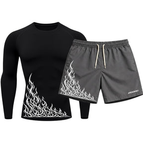 Kit Camiseta Térmica Manga Longa Uv E Bermuda Elastano Estampa Flame Velocity Rash Guard