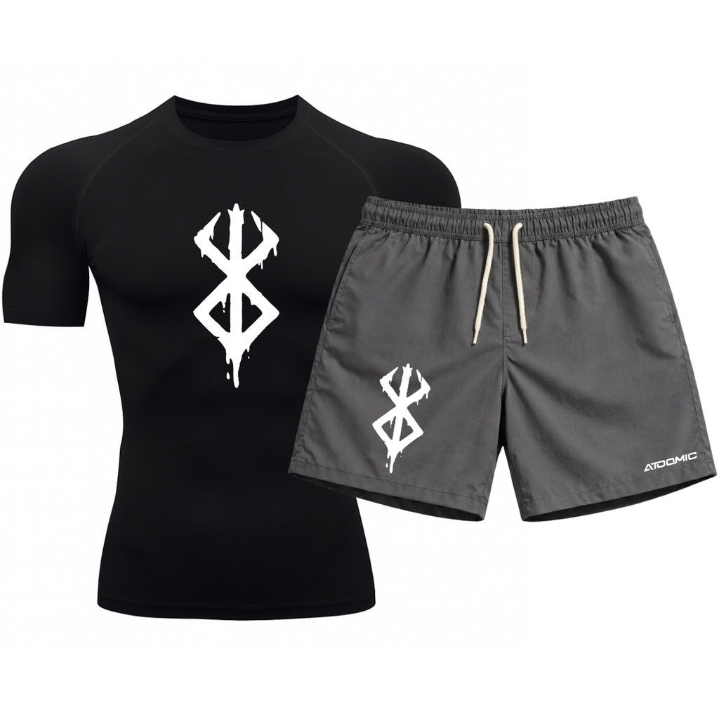 Kit Camiseta Térmica Manga Curta Uv E Bermuda Elastano Estampa Berderk Rash Guard