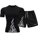 Kit Camiseta Térmica Manga Curta Uv E Bermuda Elastano Estampa Fire Ascension Rash Guard