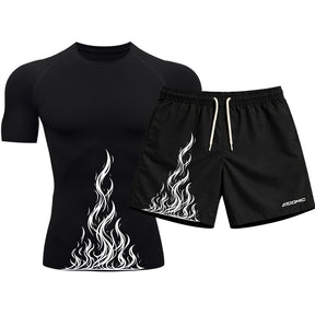 Kit Camiseta Térmica Manga Curta Uv E Bermuda Elastano Estampa Fire Ascension Rash Guard