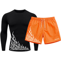 Kit Camiseta Térmica Manga Longa Uv E Bermuda Elastano Estampa Flame Velocity Rash Guard