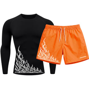 Kit Camiseta Térmica Manga Longa Uv E Bermuda Elastano Estampa Flame Velocity Rash Guard