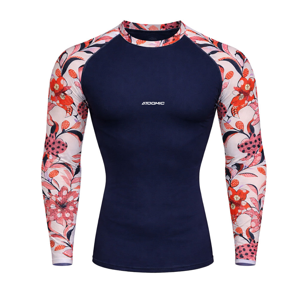 Camiseta Feminina Manga Branca Com Flores Vermelhas Compressão Proteção Uv 50+