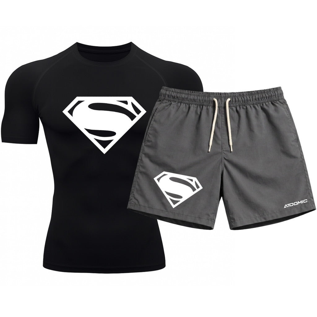 Kit Camiseta Térmica Manga Curta Uv E Bermuda Elastano Estampa Super Man Rash Guard