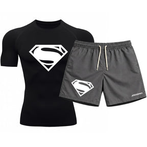 Kit Camiseta Térmica Manga Curta Uv E Bermuda Elastano Estampa Super Man Rash Guard