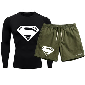 Kit Camiseta Térmica Manga Longa Uv E Bermuda Elastano Estampa Super Man Rash Guard