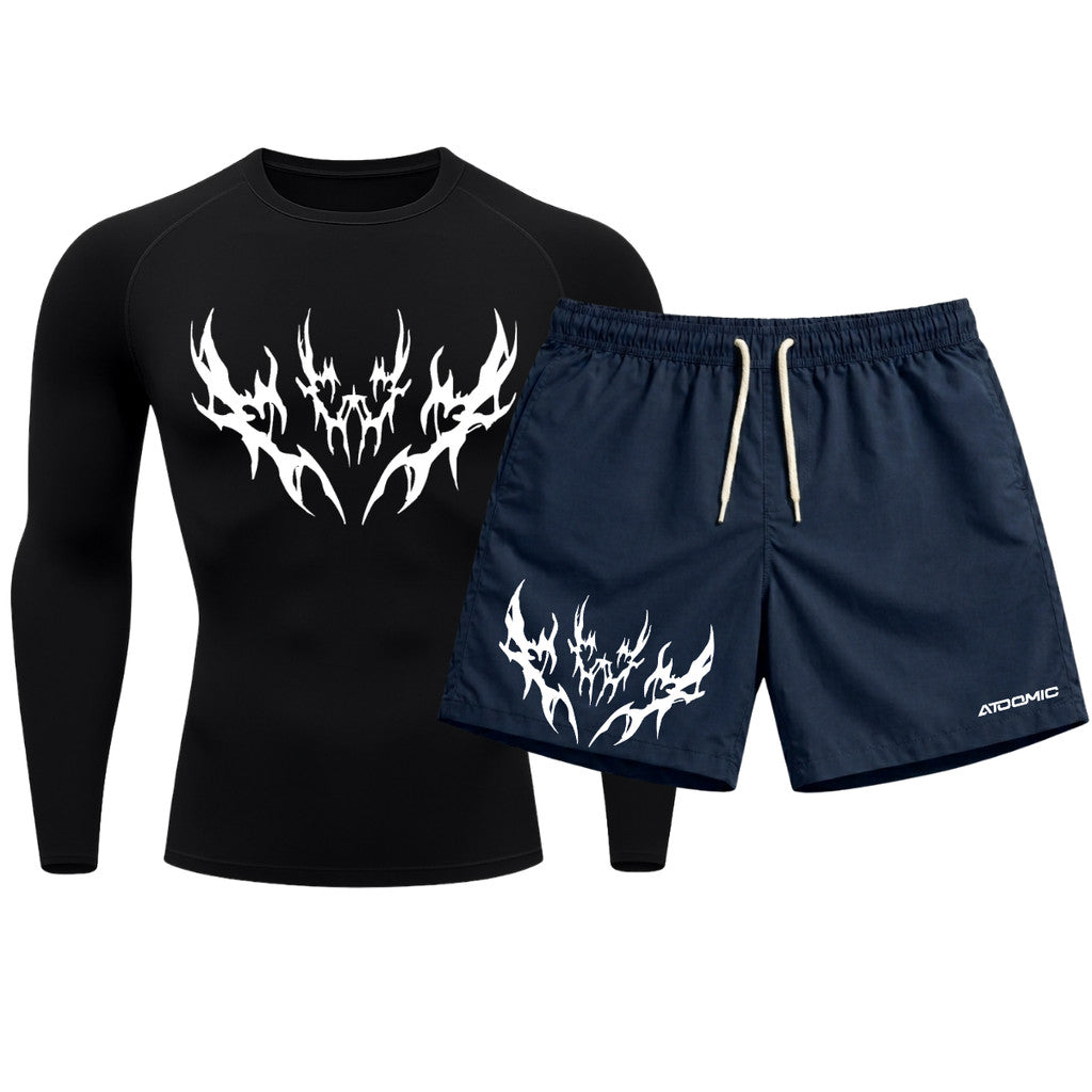 Kit Camiseta Térmica Manga Longa Uv E Bermuda Elastano Estampa Cyber Tribal Apex Shadow Rash Guard