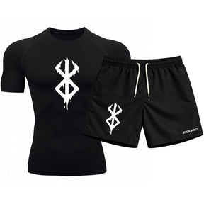 Kit Camiseta Térmica Manga Curta Uv E Bermuda Elastano Estampa Berderk Rash Guard