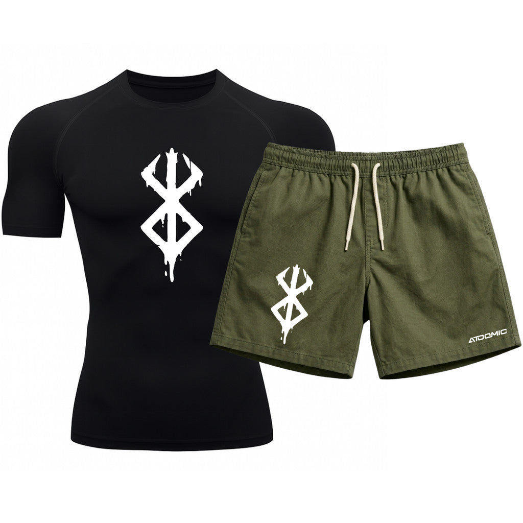 Kit Camiseta Térmica Manga Curta Uv E Bermuda Elastano Estampa Berderk Rash Guard