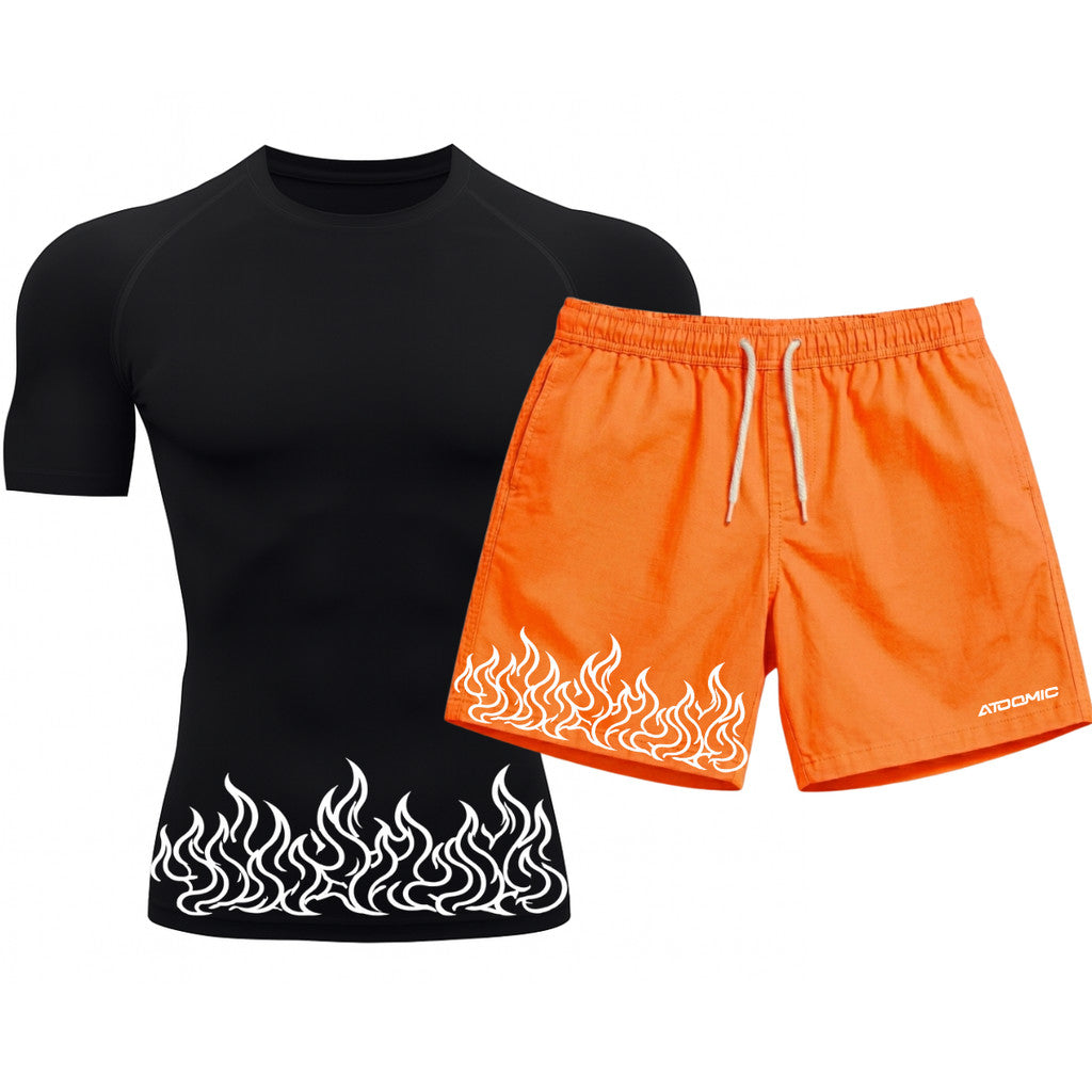 Kit Camiseta Térmica Manga Curta Uv E Bermuda Elastano Estampa Fire Line Blaze Rash Guard