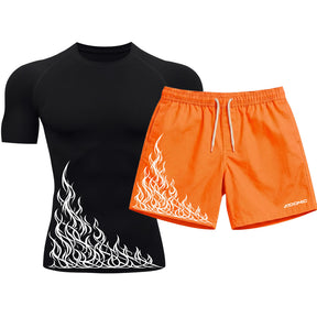 Kit Camiseta Térmica Manga Curta Uv E Bermuda Elastano Estampa Flame Velocity Rash Guard