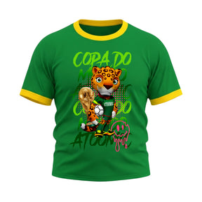 Camiseta Plus Size Manga Curta Gola E Manga Colorida UV Atoomic Mascote Onça Brasil Edition Copa