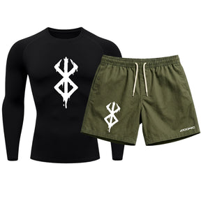 Kit Camiseta Térmica Manga Longa Uv E Bermuda Elastano Estampa Berderk Rash Guard