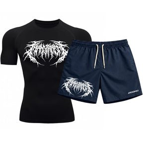 Kit Camiseta Térmica Manga Curta Uv E Bermuda Elastano Estampa Cyber Tribal Rash Guard
