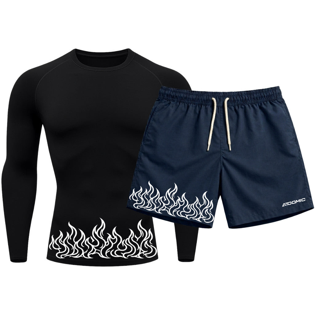 Kit Camiseta Térmica Manga Longa Uv E Bermuda Elastano Estampa Fire Line Blaze Rash Guard