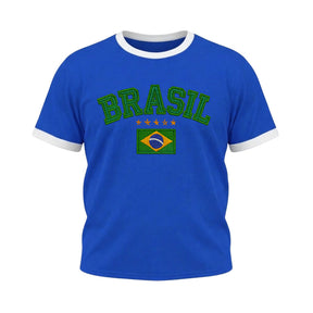 Camiseta Plus Size Manga Curta Brasil Estilo Bordado Colorida
