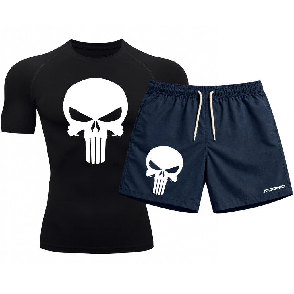 Kit Camiseta Térmica Manga Curta Uv E Bermuda Elastano Estampa Justiceiro Rash Guard