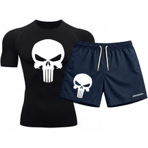 Kit Camiseta Térmica Manga Curta Uv E Bermuda Elastano Estampa Justiceiro Rash Guard