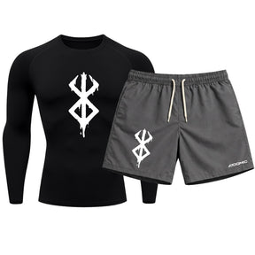 Kit Camiseta Térmica Manga Longa Uv E Bermuda Elastano Estampa Berderk Rash Guard