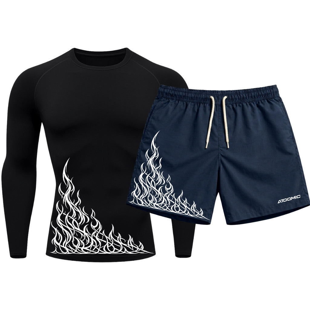 Kit Camiseta Térmica Manga Longa Uv E Bermuda Elastano Estampa Flame Velocity Rash Guard