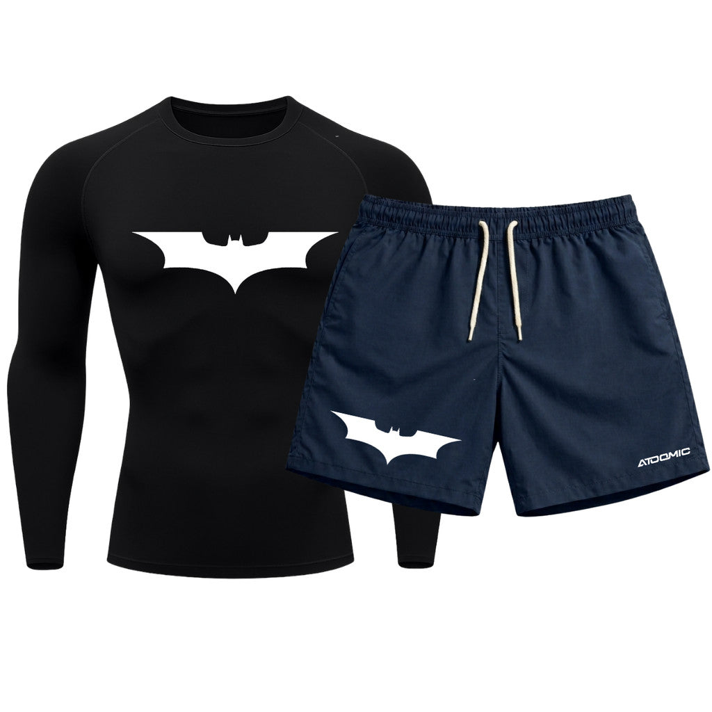 Kit Camiseta Térmica Manga Longa Uv E Bermuda Elastano Estampa Batman Rash Guard