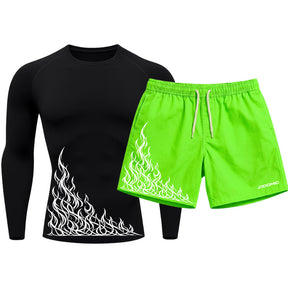 Kit Camiseta Térmica Manga Longa Uv E Bermuda Elastano Estampa Flame Velocity Rash Guard