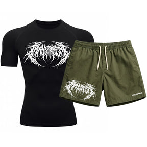 Kit Camiseta Térmica Manga Curta Uv E Bermuda Elastano Estampa Cyber Tribal Rash Guard