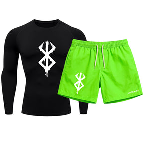 Kit Camiseta Térmica Manga Longa Uv E Bermuda Elastano Estampa Berderk Rash Guard