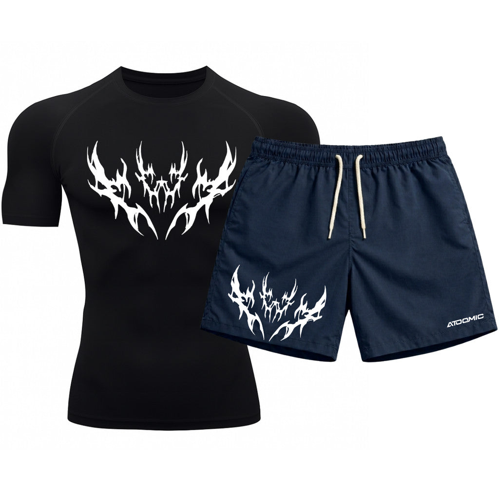 Kit Camiseta Térmica Manga Curta Uv E Bermuda Elastano Estampa Cyber Tribal Apex Shadow Rash Guard
