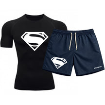 Kit Camiseta Térmica Manga Curta Uv E Bermuda Elastano Estampa Super Man Rash Guard