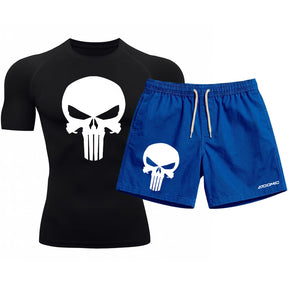 Kit Camiseta Térmica Manga Curta Uv E Bermuda Elastano Estampa Justiceiro Rash Guard