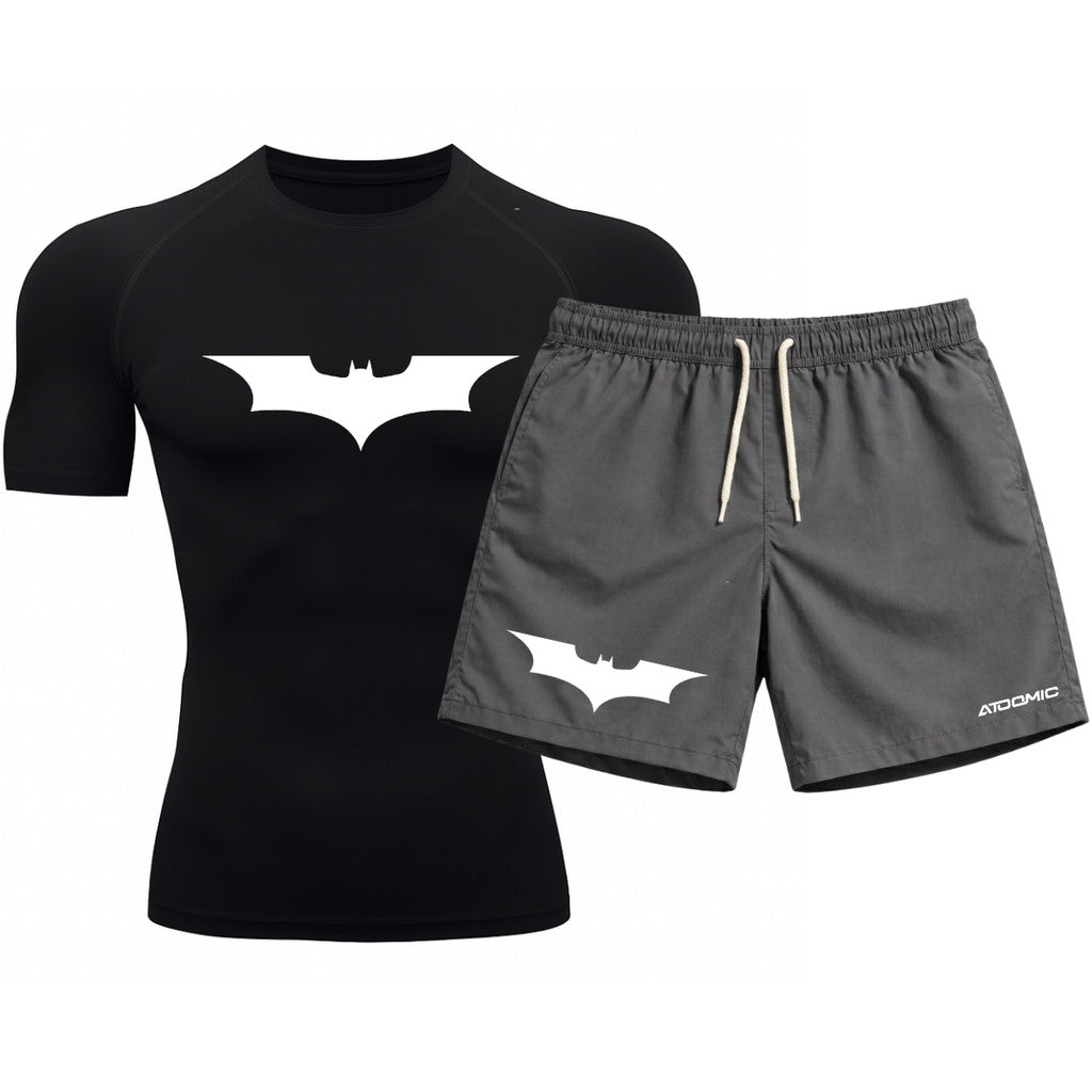 Kit Camiseta Térmica Manga Curta Uv E Bermuda Elastano Estampa Batman Rash Guard