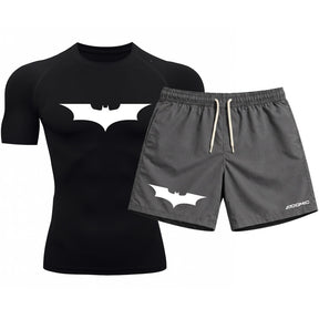 Kit Camiseta Térmica Manga Curta Uv E Bermuda Elastano Estampa Batman Rash Guard