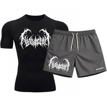 Kit Camiseta Térmica Manga Curta Uv E Bermuda Elastano Estampa Cyber Tribal Dark Metal Rash Guard