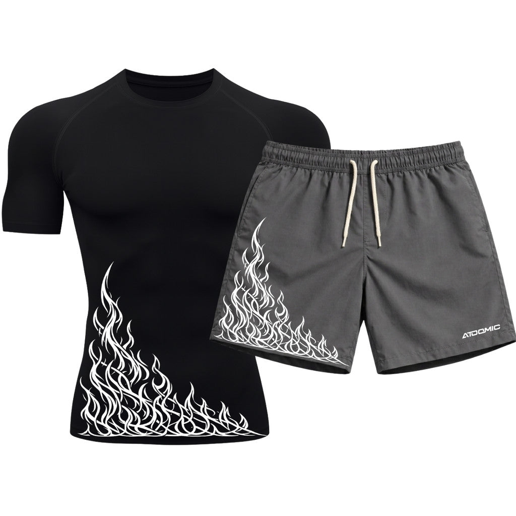 Kit Camiseta Térmica Manga Curta Uv E Bermuda Elastano Estampa Flame Velocity Rash Guard