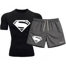 Kit Camiseta Térmica Manga Curta Uv E Bermuda Elastano Estampa Super Man Rash Guard