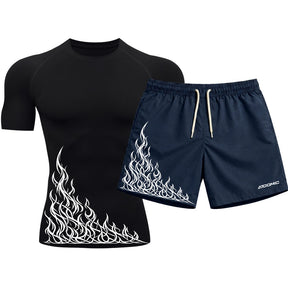 Kit Camiseta Térmica Manga Curta Uv E Bermuda Elastano Estampa Flame Velocity Rash Guard