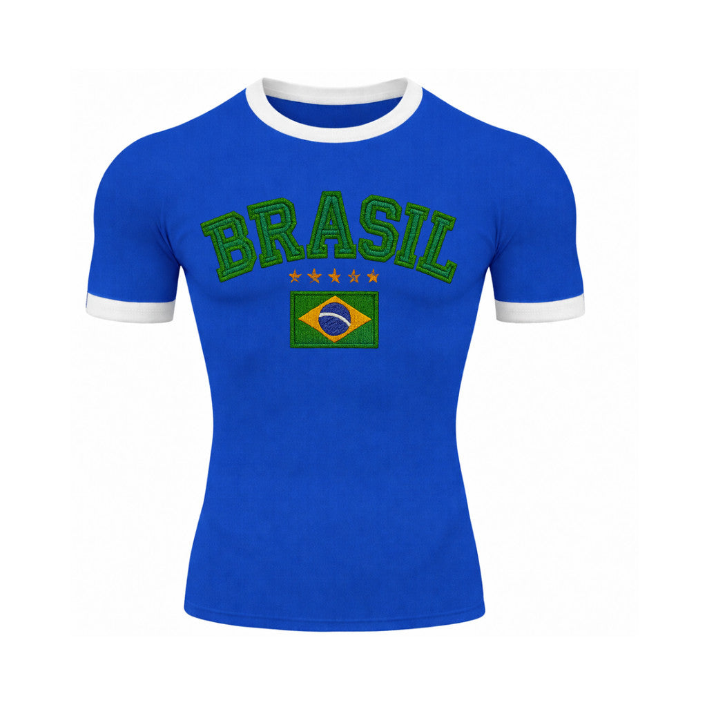 Camiseta Compressão Manga Curta Brasil Estilo Bordado Colorida Rash Guard
