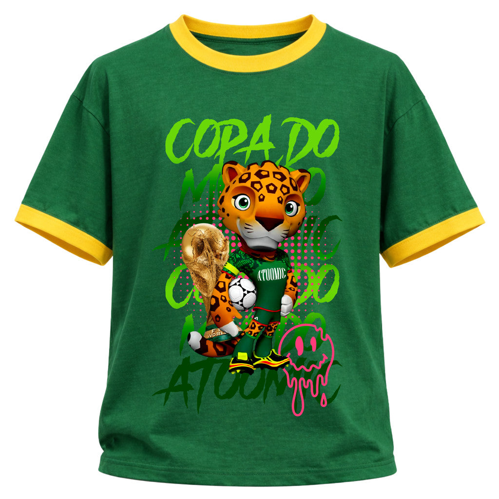 Camiseta Algodão Manga Curta Gola E Manga Colorida UV Atoomic Mascote Onça Brasil Edition Copa