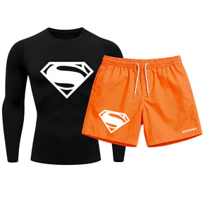 Kit Camiseta Térmica Manga Longa Uv E Bermuda Elastano Estampa Super Man Rash Guard