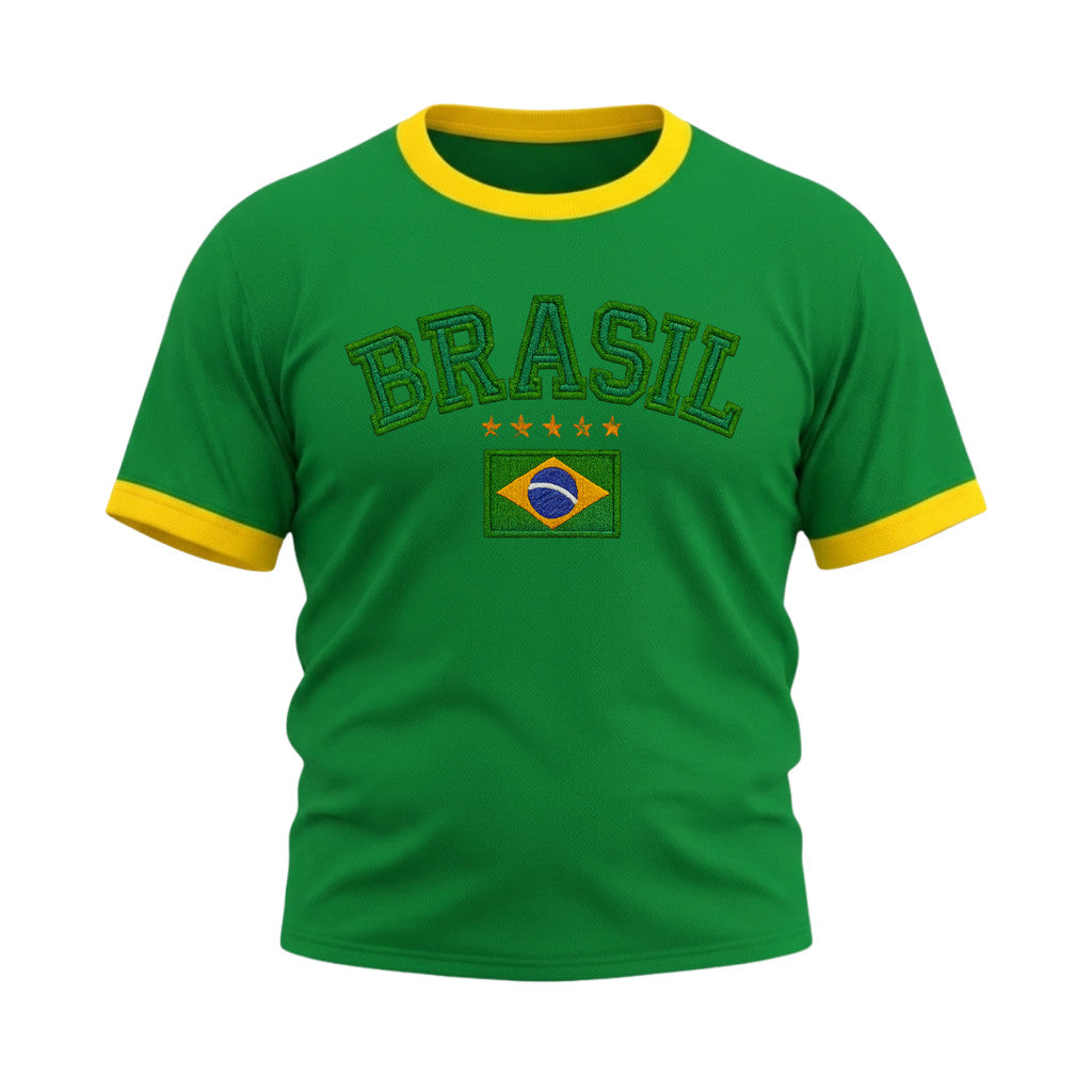 Camiseta Plus Size Manga Curta Brasil Estilo Bordado Colorida