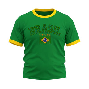 Camiseta Plus Size Manga Curta Brasil Estilo Bordado Colorida