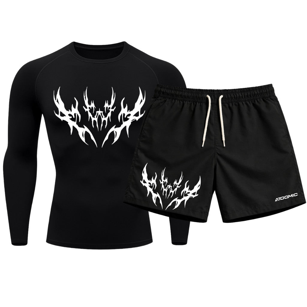 Kit Camiseta Térmica Manga Longa Uv E Bermuda Elastano Estampa Cyber Tribal Apex Shadow Rash Guard
