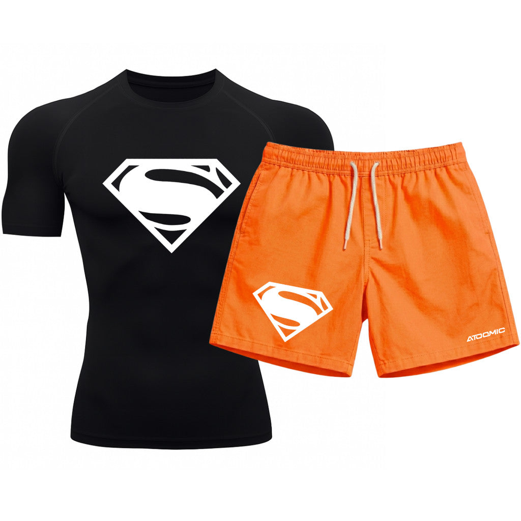 Kit Camiseta Térmica Manga Curta Uv E Bermuda Elastano Estampa Super Man Rash Guard