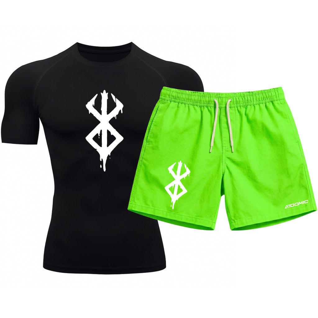 Kit Camiseta Térmica Manga Curta Uv E Bermuda Elastano Estampa Berderk Rash Guard